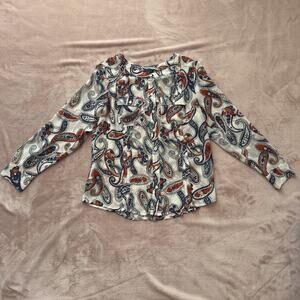 Ann Taylor Petite Paisley Print Blouse Size M Navy Red White Button Front Top